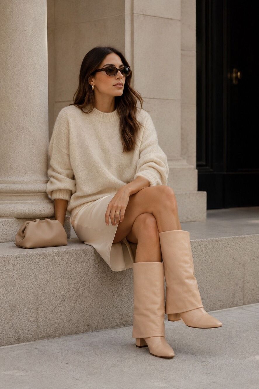 Toral Berta Foldover Slouch Leather Boots Denu Natural Beige 40 US 10